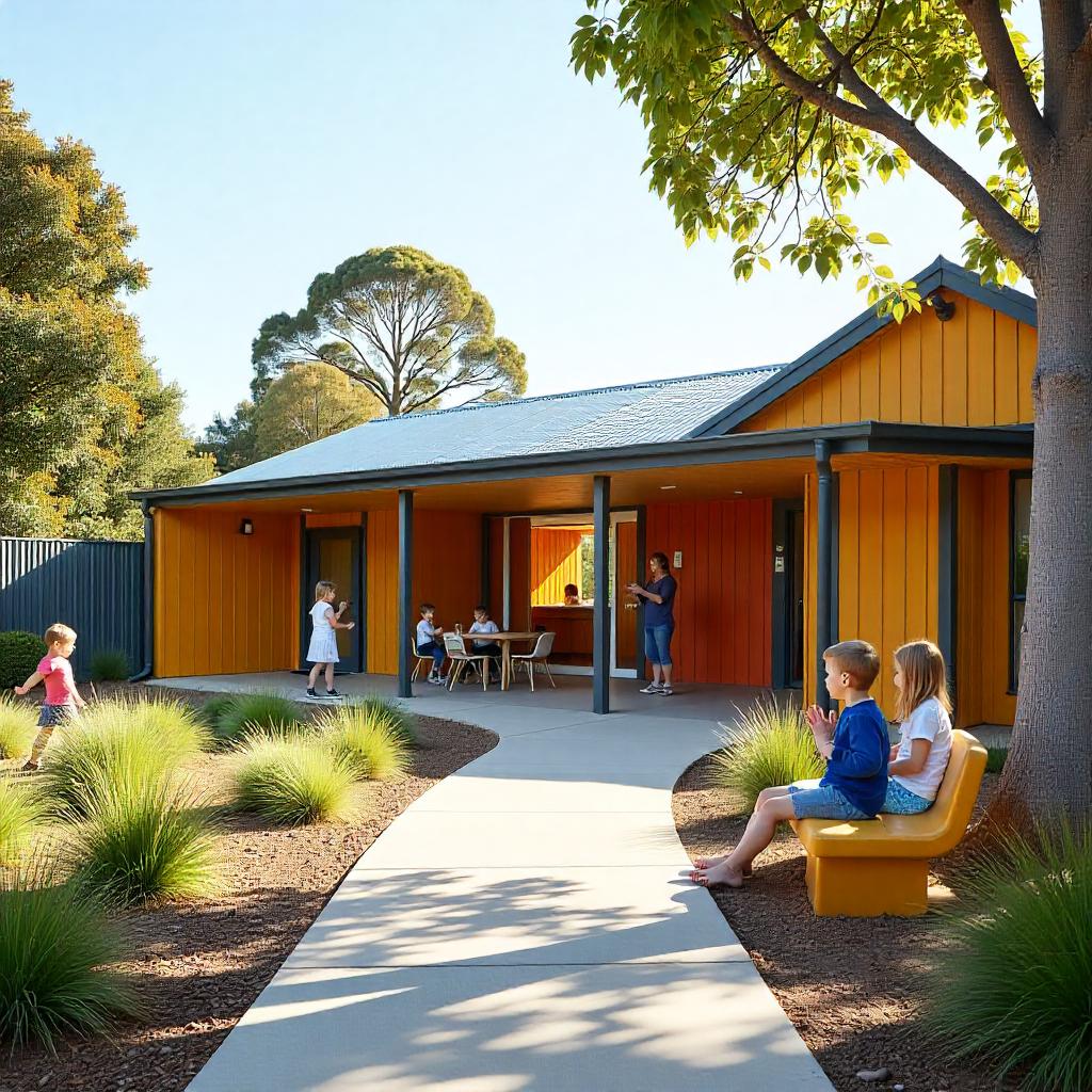 Cheerful Australian early learning centre with playground, colorful building exterior, safe fencing; children playing and educators visible in the background